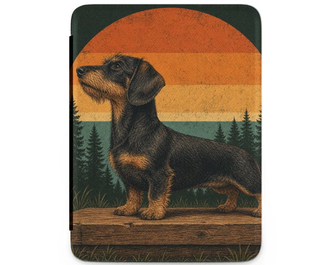 Wirehaired Dachshund Art, Retro Sunset Dog Print, Vintage Forest Wiener Dog, Rustic Pet Lover Gift, Unique Canine Illustration, Outdoorsy