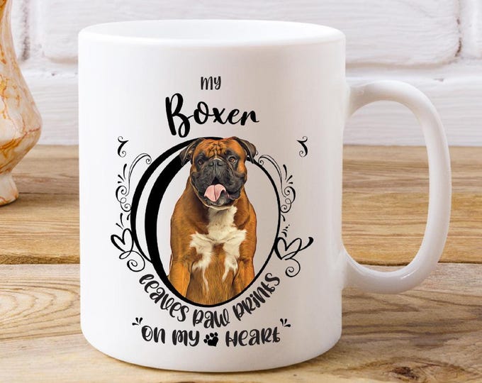 Mutt Present Boxer Dog Mug White Ceramic Coffee Cup: Leaves Paw Prints on My Heart, Custom Handmade Pet Lover Gift 11oz or 15oz