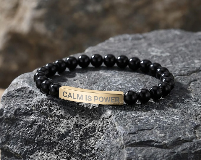 Engraved Stainless Steel Beaded Bracelet, Calm Is Power Mantra, Inspirational Jewelry