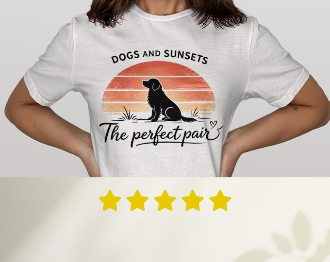 Dogs and Sunsets The Perfect Pair T-Shirt, Dog Lover Retro Sunset Canine Shirt, Golden Retriever Labrador Silhouette Gift T-Shirt