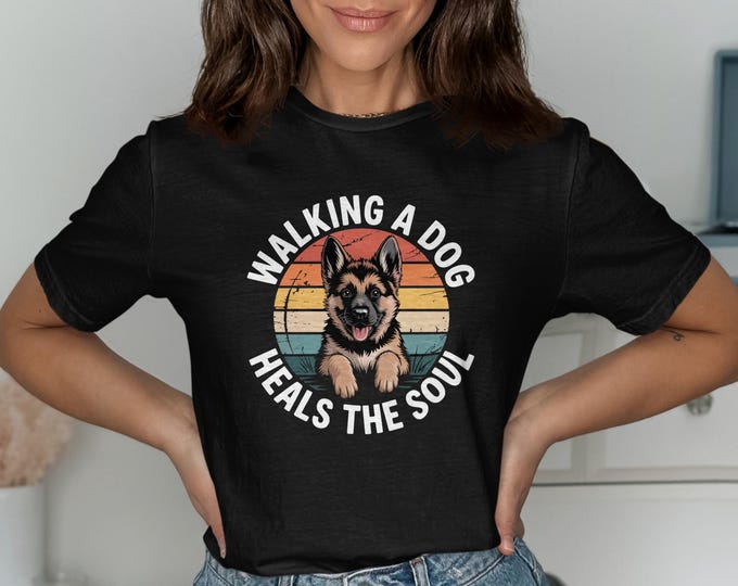 German Shepherd Shirt Dog Walking Dog Heals the Soul Healing Tshirt Retro Design Vintage Style Lover Gift Idea Pet Owner Apparel Men Graphic