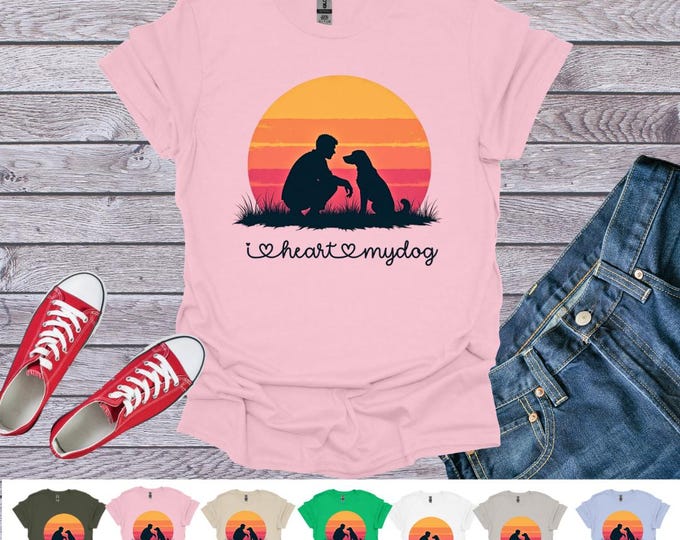Retro Sunset Unisex T-Shirt with 'I Heart My Dog' Phrase, Vintage Dog Lover Tee, Softstyle Shirt, Dog Mom Gift, Pet Owner Apparel
