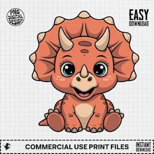Pode incluir: Ilustração de desenho animado de um tricerátopo amigável em tons de laranja e bege. O dinossauro tem olhos grandes, uma boca sorridente e uma gola ao redor da cabeça. O texto inclui "PNG DIGITAL DESIGN", "EASY DOWNLOAD" e "COMMERCIAL USE PRINT FILES".