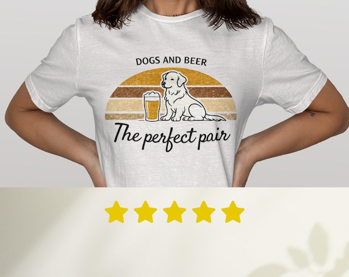 Golden Retriever Beer T-Shirt, Dogs And Beer Perfect Pair Tee, Funny Dog Lover Gift, Retro Sunset Graphic Shirt, Canine and Brew, Unique