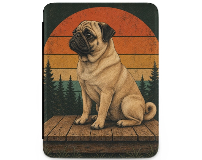 Retro Vintage Pug Kindle Case, Cute Dog E-Reader Cover, Sunset Pine Tree Illustration, Pet Lover E-Reader Case, Pug Owner Gift