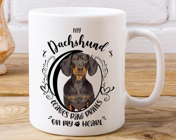 Dachshund Coffee Mug Paw Prints On My Heart White Coffee Mug Pet Friendly Mug Dog Lover Cup Dog Mom Gift Dog Walker Present Dog Themed Mugs