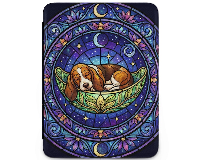 Basset Kindle Case, Stained Glass Dog, Sleeping Puppy, Celestial Moon Stars Kindle Cover, Unique Pet Lover Gift, Reader Accessory