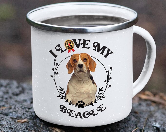 Beagle Dog Lover Gift 12oz Camping Cup Outdoors Present Tin Coffee Cup Funny Camper Mug RV Decor Gif, Dog Lover Mug Dog Walker Present