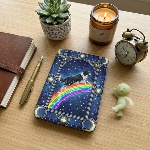 Border Collie Stained Glass E-reader Cover, Celestial Night Sky Kindle Case, Rainbow Dog Art Tablet Sleeve, Constellation Book Lover Gift