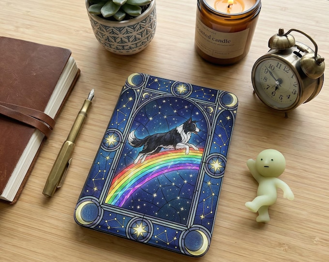 Artsy Tech Gift Border Collie Stained Glass Ereader Cover: Celestial Art Kindle Accessory, Colorful Night Sky Design Border Collie