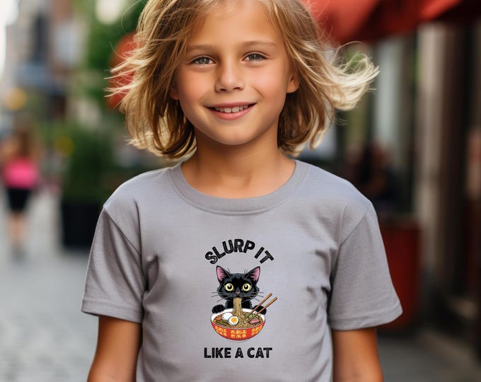 Cute Cat Ramen Kids Tee, Adorable Graphic T-Shirt for Animal Lovers, Fun Gift for Birthdays, Playful Kids Apparel