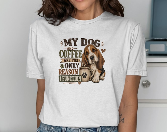 Basset Hound Coffee Lover Funny Graphic Tee, My Dog And Coffee Humor Unisex T Shirt, Cute Hound Vintage Paw Print Tshirt, Pet Owner Top