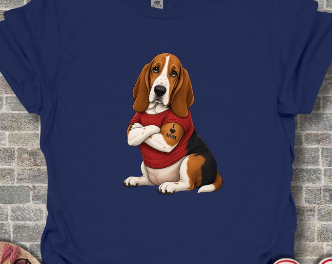 Basset Hound I Love Mom Shirt, Funny Dog Mom Tee, Basset Hound Lover Tshirt, Dog Mama Top, Mother's Day Gift, Cute Graphic Dog Breed Tee