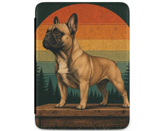 Retro Sunset French Bulldog Kindle Case, Vintage Frenchie E-Reader Cover, Rustic Forest Dog Lover Tablet Case, Cute Pet Kindle Cover