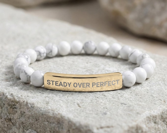 Custom Engraved Bracelet Inspirational Quote Motivational Jewelry Meaningful Gift Encouragement Message Steady Perfect Progress Reminder