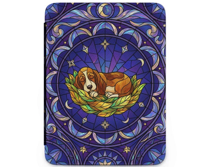 Stained Glass Dog Kindle Case, Sleeping Hound, Moon and Stars, Elegant Ereader Cover, Book Lover Gift, Celestial Kindle Accessories