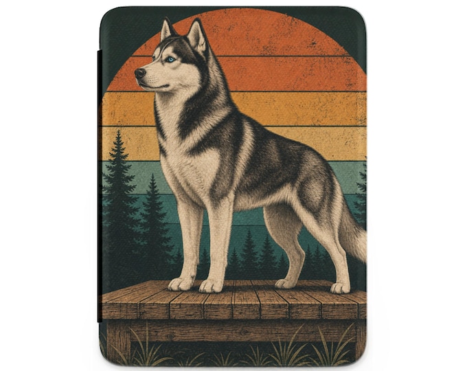 Siberian Husky Art Print, Retro Sunset Dog Lover Gift, Majestic Canine Illustration, Rustic Pine Forest Digital Art, Vintage Outdoor Decor