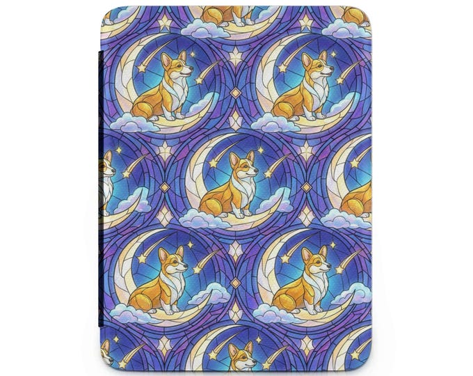 Corgi Kindle Case, Moon and Stars, Stained Glass Design, Dog Lover Gift, Unique Kindle Cover, Trendy eBook Reader Case