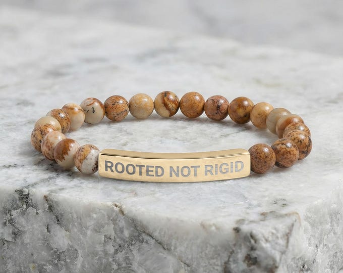 Rooted Not Rigid Custom Engraved Bracelet, Motivational Jewelry, Inspirational Gift, Empowerment Mantra, Positive Quote Bangle