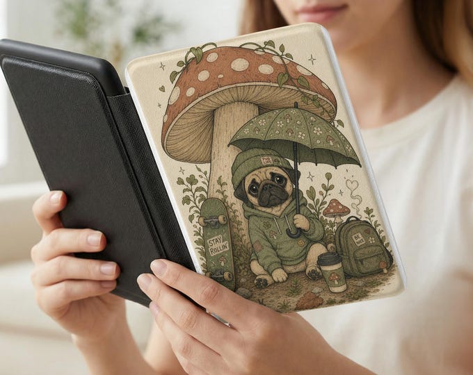 Pug Life Kindle Case, Cottagecore Mushroom E-reader Cover, Whimsical Woodland Tablet Sleeve, Cute Dog Lover Reading Accessory, Bookworm Gift
