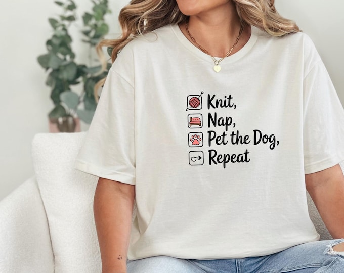 Knit Nap Pet the Dog Unisex T-Shirt, Cozy Graphic Tee, Dog Lover Gift, Knitting Humor Shirt, Relaxation Apparel, Birthday Gift