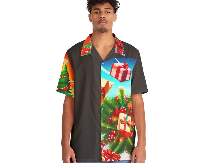 Christmas Hawaiian Shirt Festive Aloha Unique Holiday Wear Mens Split Design Tropical Santa Beach Party Attire Office Casual Christmas