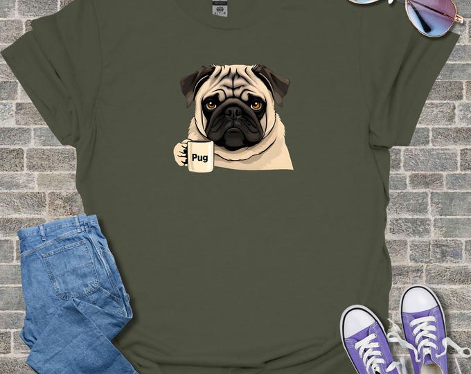 Pug Christmas Shirt Cotton Tee Holiday Design Dog Lover Coffee Theme Funny Gift Winter Wear Casual Style Unisex Apparel Cute Puppy Festive
