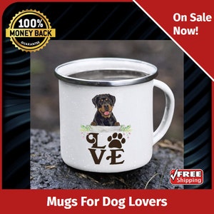 Custom Mug Rottweiler Camping Mug 12oz Camping Cup Outdoor Present Tin Coffee Cup Funny Camper Mug RV Decor Gift Custom Hiking Cup Metal Mug
