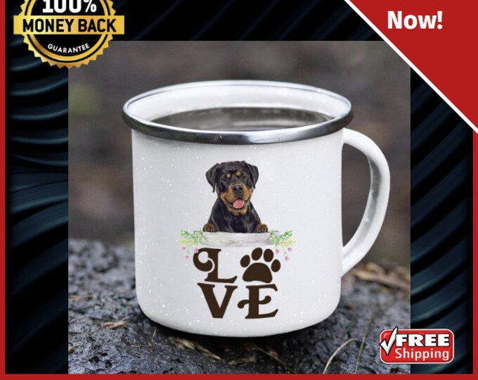 Custom Mug Rottweiler Camping Mug 12oz Camping Cup Outdoor Present Tin Coffee Cup Funny Camper Mug RV Decor Gift Custom Hiking Cup Metal Mug
