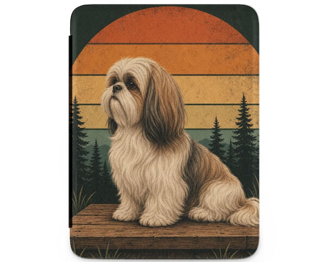 Shih Tzu Kindle Case, Retro Sunset Forest Kindle Cover, Vintage Dog Lover E-Reader Case, Cute Shih Tzu Tablet Cover, Pet Owner Gift