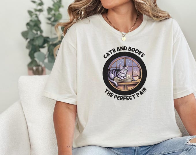 Cat and Book Lover Softstyle T-Shirt, Cats Reading Coffee Tea Gift Circle Design, Bookworm Shirt, Bibliophile Tee, Literature Lovers Top