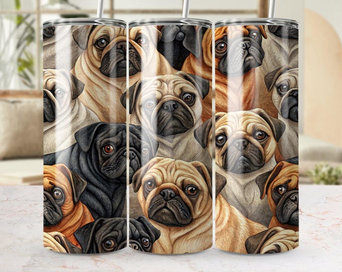 Pug Tumbler Wrap, 20oz Skinny Tumbler PNG, Dog Sublimation Designs, Cute Puppy Tumbler Wrap, Pet Lover Gift, Digital Download