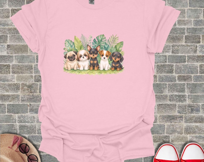 Cute Puppy Watercolor Graphic Tee, Multi Breed Dog Lover Unisex T Shirt, Kawaii Botanical Pup Top, Adorable Pet Lover Birthday Gift Tshirt