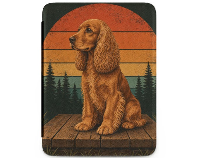 Cocker Spaniel Kindle Case, Retro Sunset Spaniel E-Reader Cover, Vintage Dog Art Tablet Case, Woodland Spaniel Reader Sleeve, Dog Lover