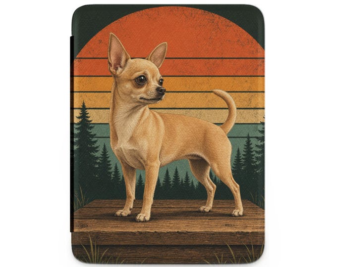 Kindle Case Chihuahua Dog Retro Sunset, Vintage Pine Tree Woodland Pet Lover Gift, Rustic Outdoor Adventure Misc Products