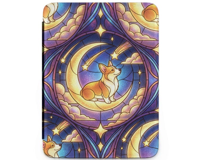 Corgi Moon Kindle Case, Stained Glass Style, Dog Lover Gift, Cute Puppy Reader Accessory, Protective Cover, Unique Kindle Case