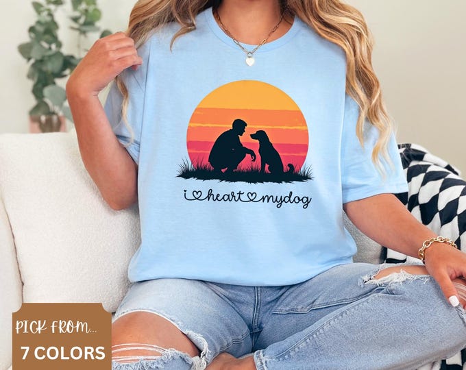 Retro Sunset Unisex T-Shirt, I Heart My Dog Tee, Vintage Dog Lover Shirt, Softstyle Graphic Top, Dog Owner Gift