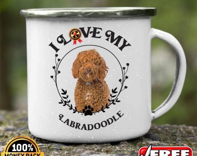 Labradoodle Camping Mug 12oz Camping Cup Outdoors Present Tin Coffee Cup Dog Camper Mug RV Decor Gift Metal Hiking Mug Dog Themed Enamel Cup