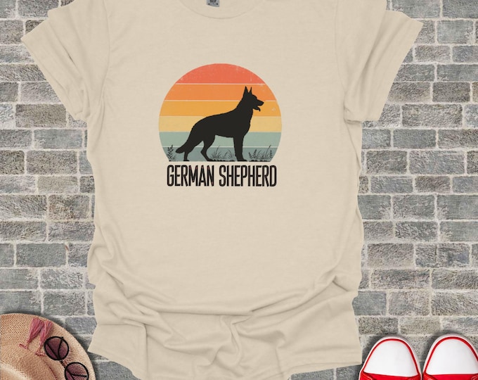 German Shepherd Tshirt Retro Sunset Dog Silhouette Vintage Stripe Graphic Design Men Clothing Gift Idea Pet Enthusiast Breed Fan Animal