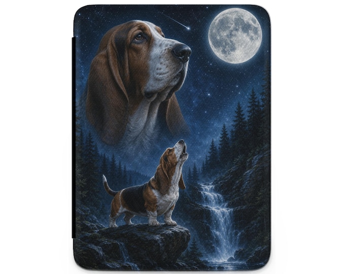 Basset Hound Kindle Case, Mystical Moon Forest Faux Leather Ereader Cover, Howling Dog Tablet Sleeve, Cozy Night Sky Reader, Pet Lover Gift