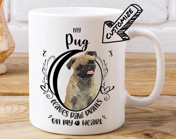 Dog Coffee Cup Pug White Coffee Mug Paw Prints On My Heart Oil Painting Design Mug With Customizable Name Gift For Dog Mom Pug Mug Gift