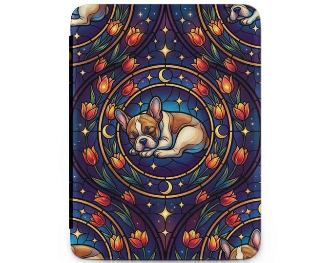 Sleeping Frenchie Kindle Case, Stained Glass Dog Kindle Cover, Cute Puppy Kindle Sleeve, Floral Kindle Protector, Gifts for Dog Lovers