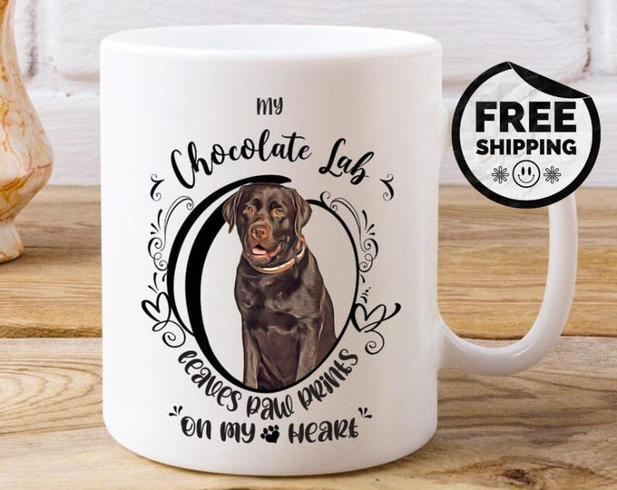 Chocolate Lab Mug White Ceramic 11oz With Paw Prints, Unique Dog Lover Tea Cup, Handmade Retriever Puppy Coffee Cup
