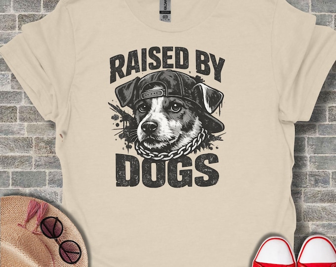 Raised By Dogs T-Shirt, Cool Dog Graphic Tee, Dog Lover Gift, Pet Owner Shirt, Hip Hop Dog, Dog with Hat and Chain, Grunge Aesthetic, Animal