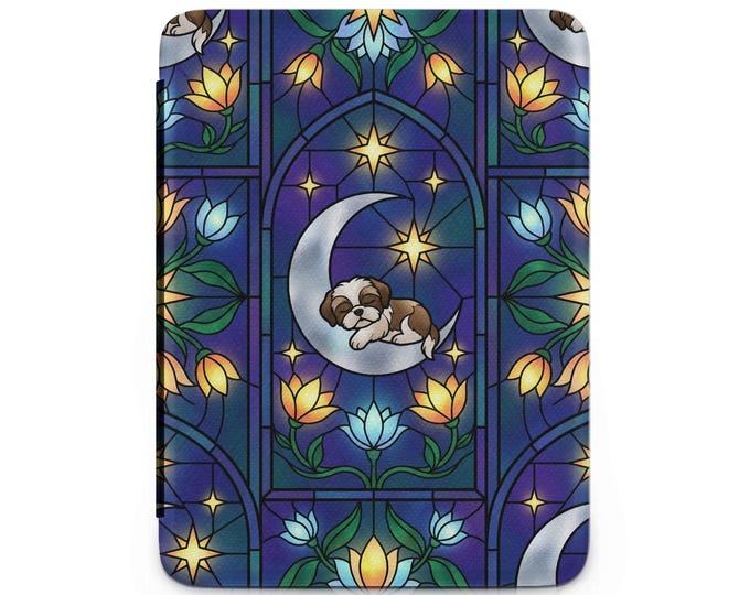 Shih Tzu Dog Kindle Case, Stained Glass, Moon Stars, Floral Design, Cute Puppy Kindle Cover, Pet Lover Gift, Artistic Kindle Protector