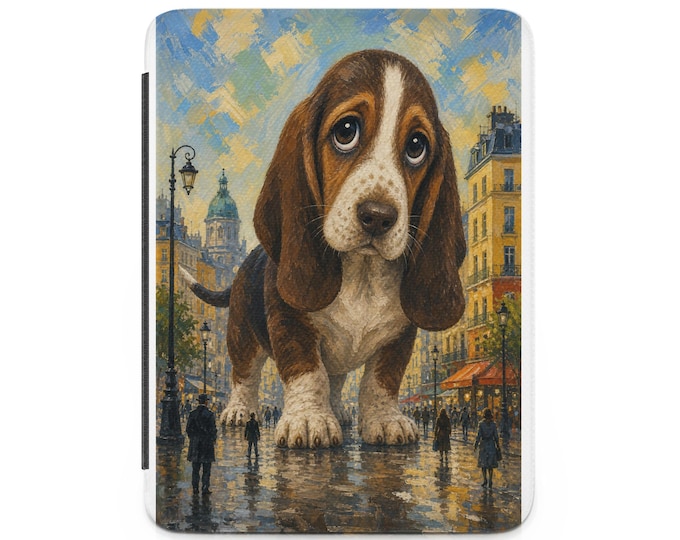 Basset Hound Kindle Case, Whimsical Oil Painting Dog Art E-Reader Cover, Paris City Scene Faux Leather Sleeve, Pet Lover Reader Gift