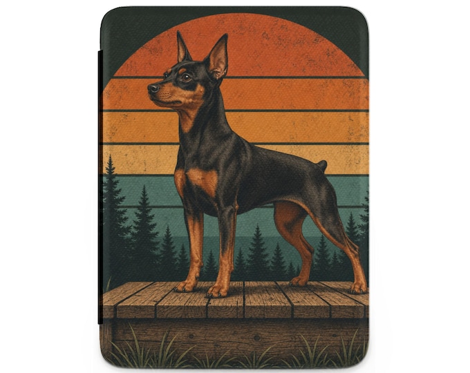Miniature Pinscher Kindle Case, Retro Sunset Min Pin E-Reader Cover, Vintage Dog Breed Tablet Case, Min Pin Owner Gift, Dog Lover Folio