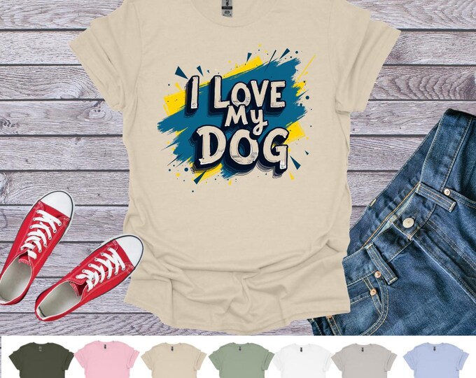 Dog Lover Unisex Softstyle T-Shirt, I Love My Dog Bold Lettering Tee, Pet Owner Gift, Animal Print Shirt, Puppy Mom Dad Top