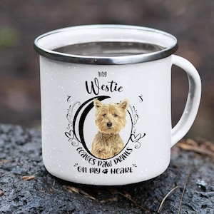 Westie Stainless Steel Camping Mug, Paw Prints On My Heart, Westie Coffee Mug, Westie Gift, Westie Owner Gift, Westie Cup, Westie Dog Cup