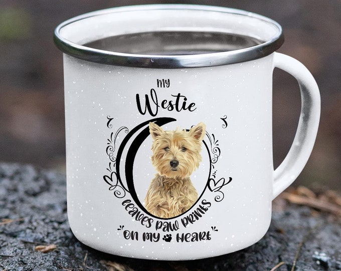Westie Stainless Steel Camping Mug, Paw Prints On My Heart, Westie Coffee Mug, Westie Gift, Westie Owner Gift, Westie Cup, Westie Dog Cup